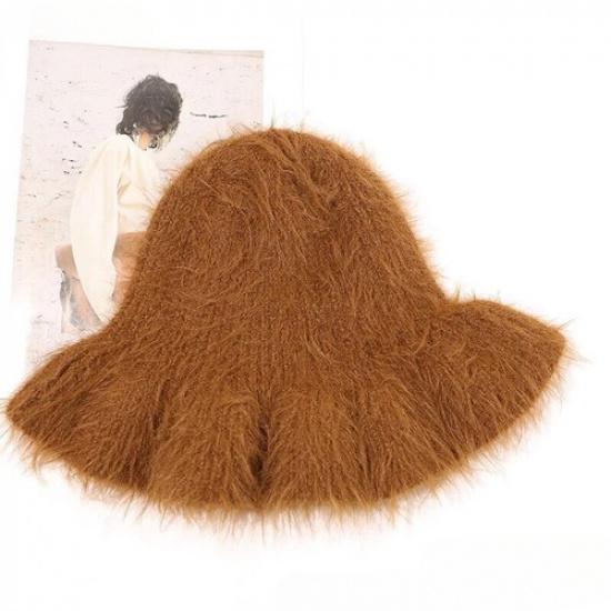 Lady Faux Fur Bucket Knitted Hat Casual Ruffle Warm Fluffy Plush Winter Hat Soft коричневый