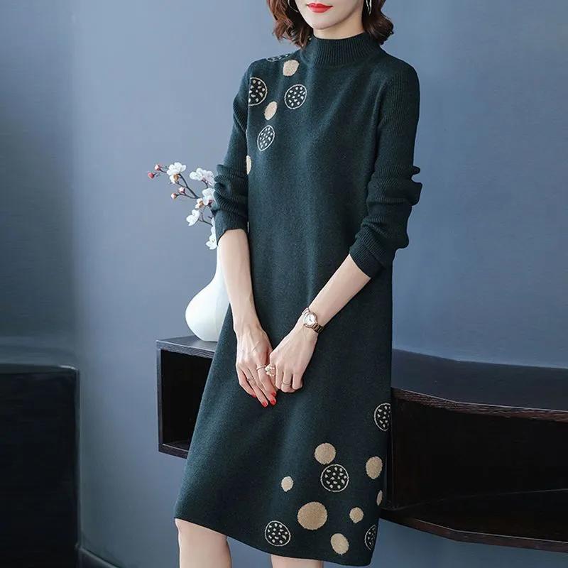 Kleid für Frau Baumwolle Winter Warm Rundhals Langarm Vintage Lässig Bedruckt Lang Stretch Strickpulloverkleider