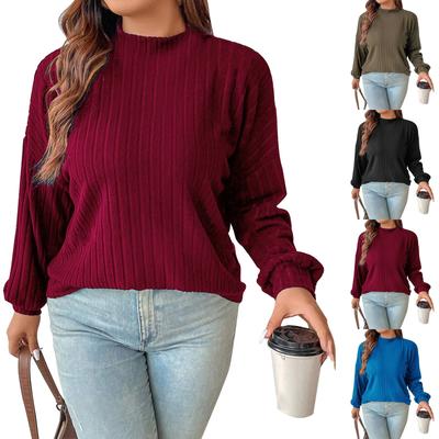Women's Fashion Casual Strip Brushed Semi-high Neck Solid Color Long Sleeve Top