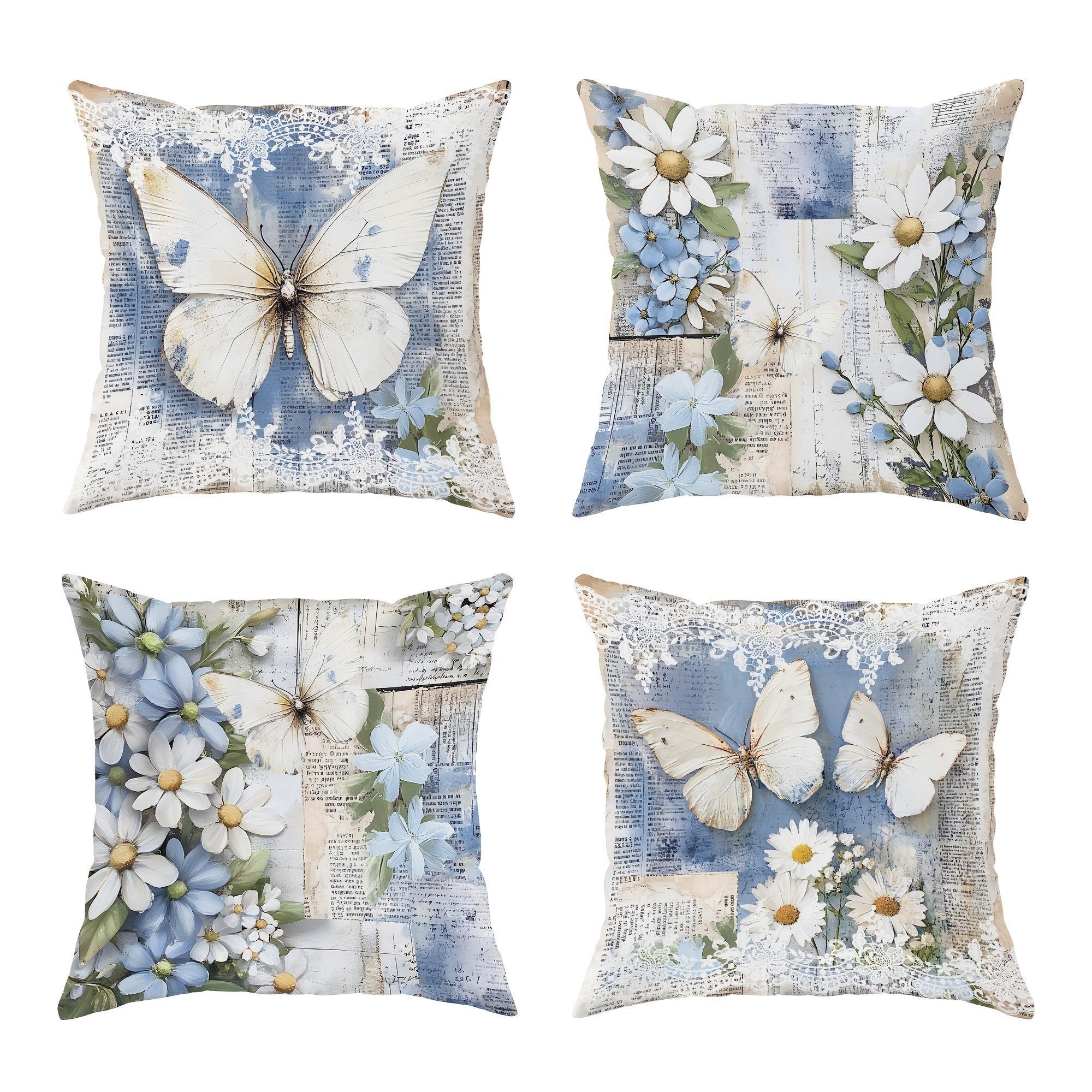 

Vintage Blue Butterfly & Floral Pillowcase - Shabby Chic Newspaper Print Pillow Cover for Sofa Bedroom Living Room 4PC-45x45cm