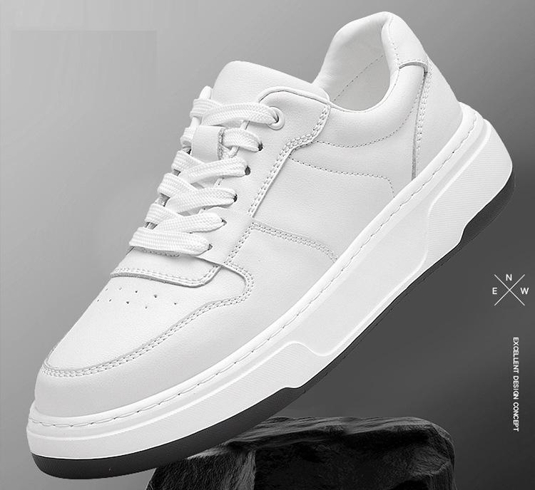 

Trendy Men s Cowhide Sports Shoes: 8cm Height Boost, Thick Sole, Fashionable Invisible Lift White Sneakers Size 37