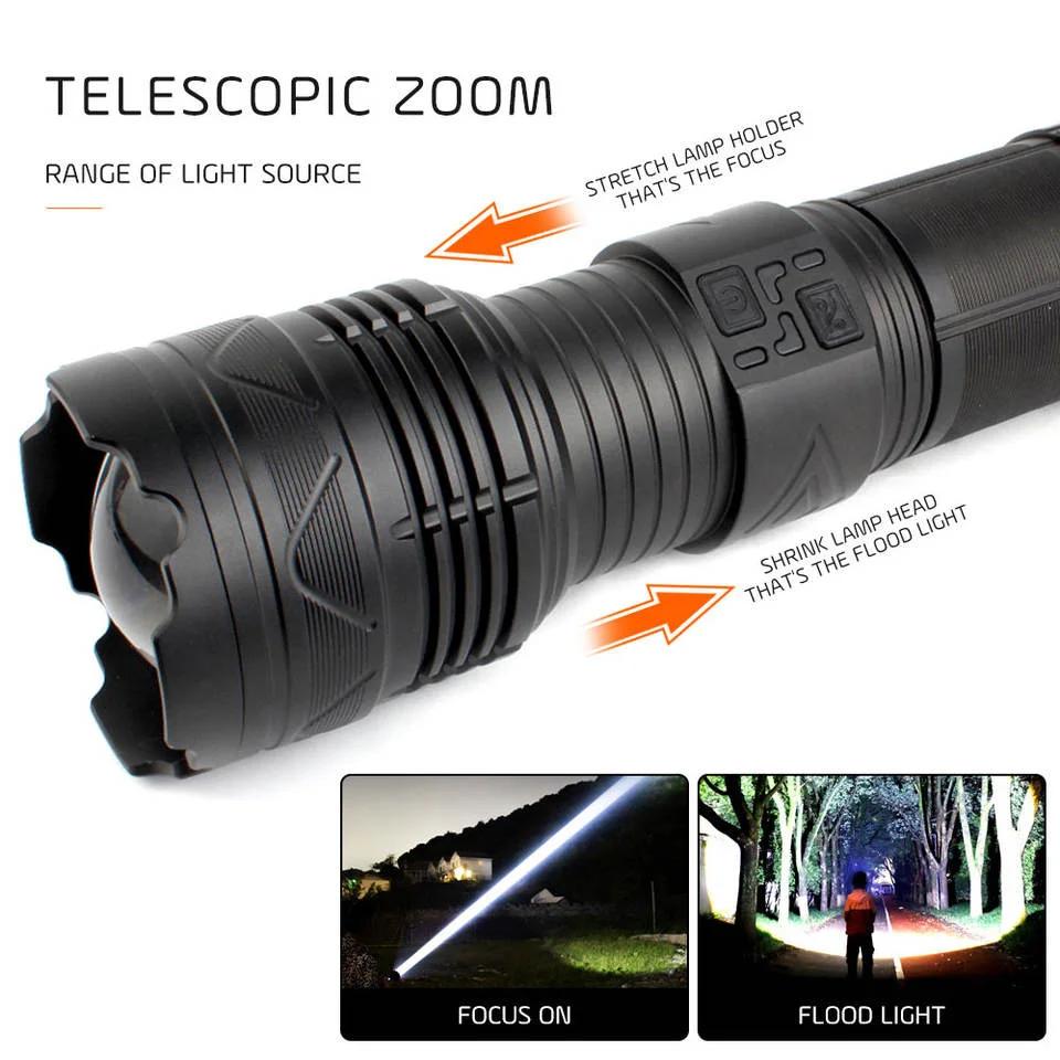 Powerful LED Flashlight Super Bright Spotlight Long Range Zoomable Emergency Lantern Outdoor Camping Torch Power Display