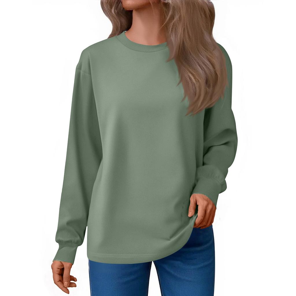 Women's Fashion Loose Round Neck T-Shirt Solid Color Casual Long Sleeve Top