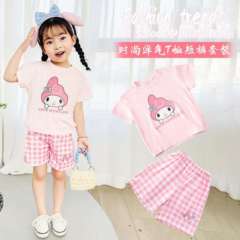Girls Summer Fashion Plaid Shorts with Cute Cartoon Print Short Sleeve Set