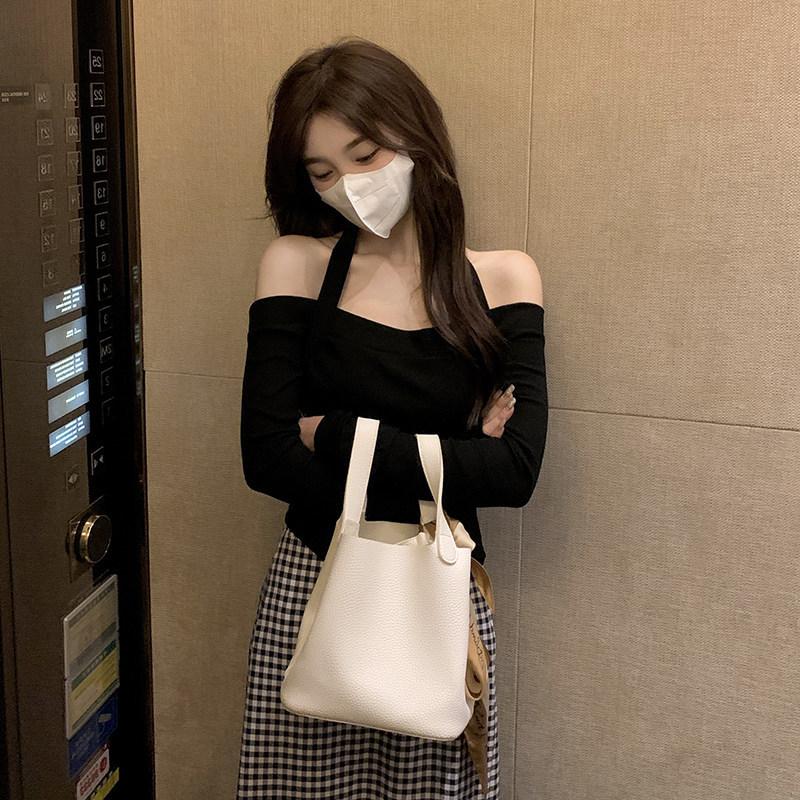 One-word Shoulder Neck Long-sleeved T-shirt Women's Autumn New Spice Girl with Short Bottoming Shirt Top