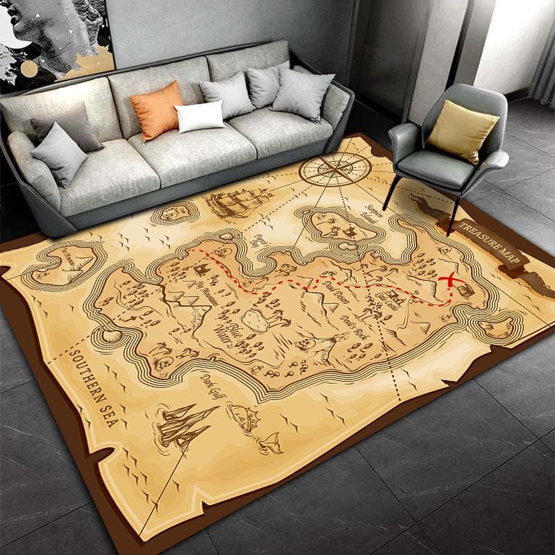 Treasure Map Pattern Carpet for Living Room, Pirate Adventure Decor Suitable for Use As an Anti-slip for Living Room Bedroom Sofas