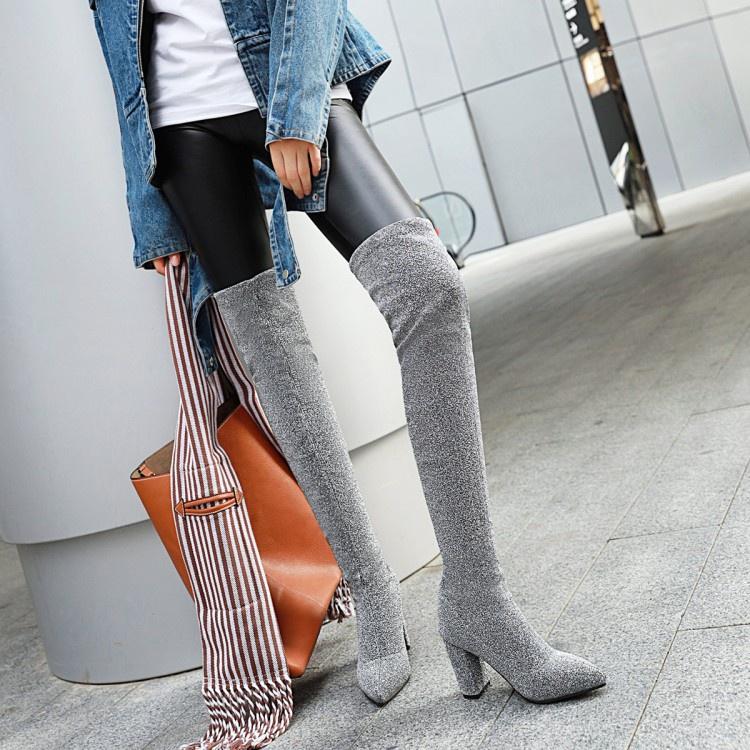 Pointed Toe Chunky Heel Knee High Boots 
