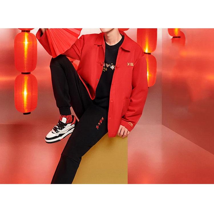 Lining Sports Trend Series Prosperous Gold Print Loose Round Neck Pullover Sweatshirt Unisex Tops Red AWDS163-2