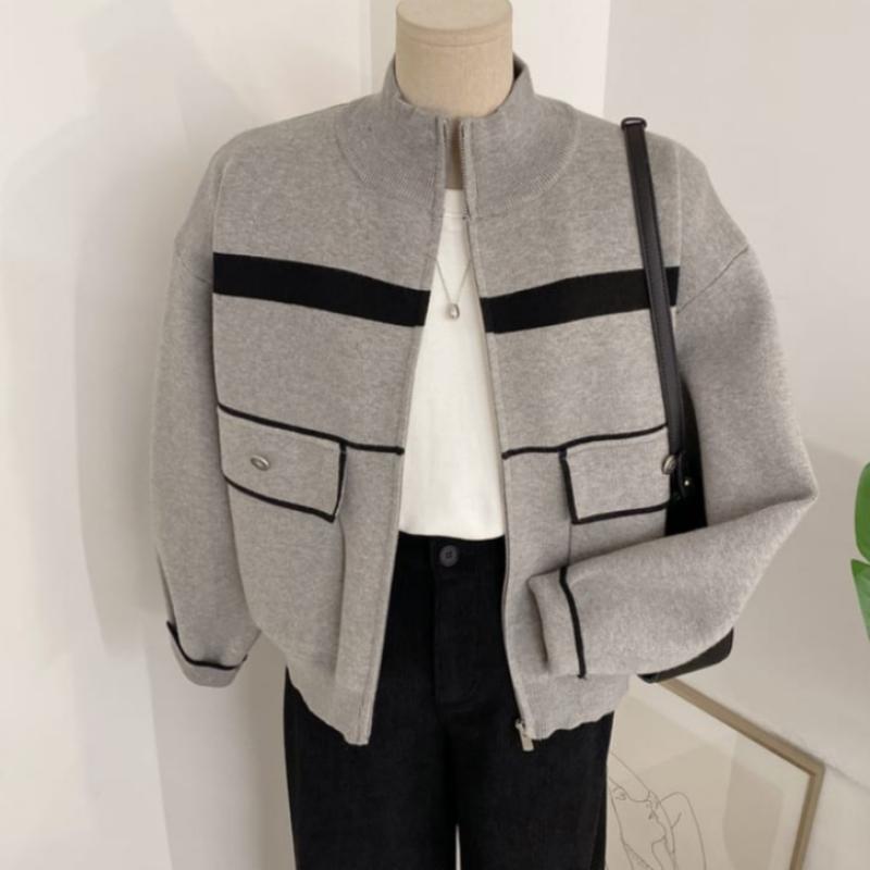 Honey J Comel Big Pocket Bicolor Blouson Knit Zip Jacket  3color 