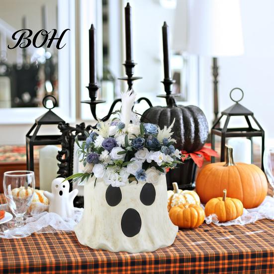 Halloween Trick or Treat Bag Ghost Candy Bucket Decor, Planter Vase Cute Holiday Decorative Prop for Home Bucket, Bowl Indoor Outdoor Display