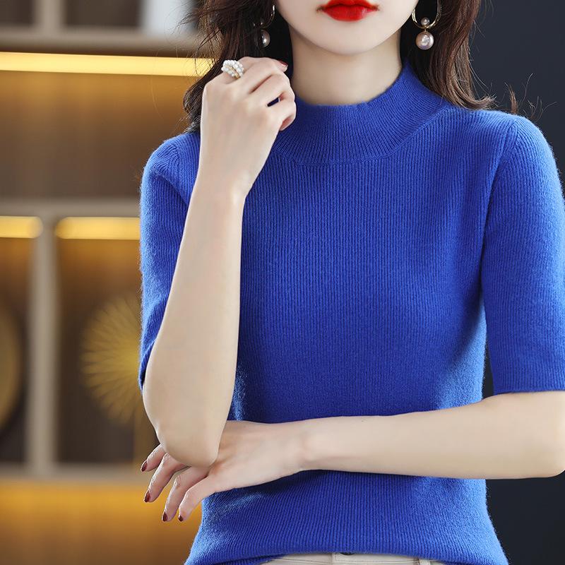 Women's Slim Fit Half-High Neck Five-Sleeve Base Layer Sweater for Spring and Autumn