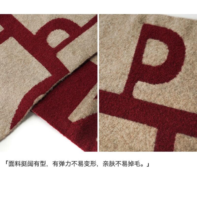 Winter Warm Wool Blend Scarf With Vintage Print Contrast Trim Soft Yak Hair Knit Shawl Women