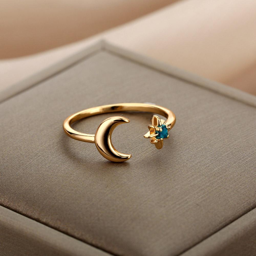 Simple And Luxurious Moon Opening Ring, Octagonal Star Shaped Women'S Ring, Personalized Star And Moon Ring, Fashionable And Elegant Accessory.
