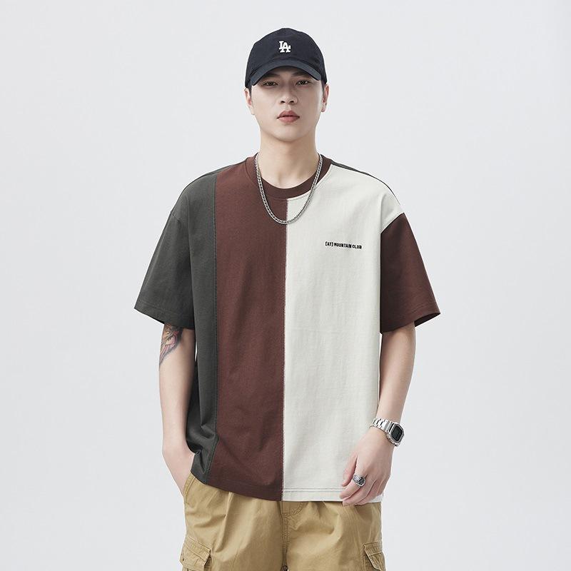 New Summer Japanese Trendy Contrasting Color Trendy Round Collar Pure Cotton 250g Loose T-shirt