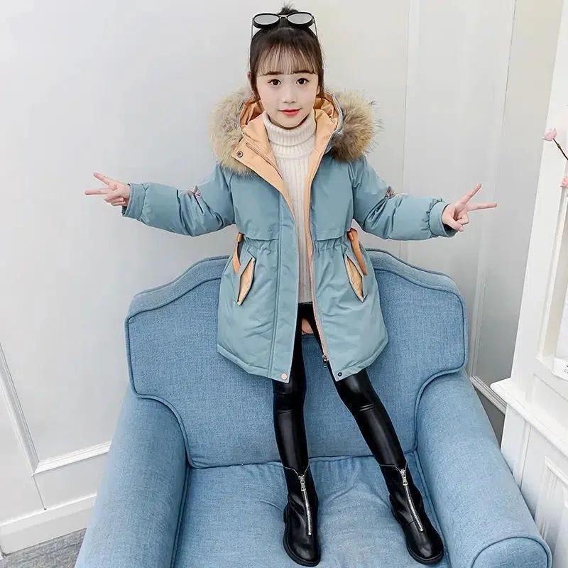 Girls' Winter Clothes Cotton Jacket Korean Version Fashionable Embroidered Cotton Jacket with Thick Fur Collar and Cotton Jacket