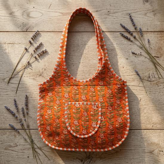Shoulder Bag usalover925 Orange Quilted Cotton Floral Print Shoulder Bag 19