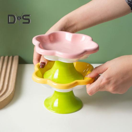 Ceramic Raised Cat Bowls Flower Design Elevated Cat Food Water Bowl Small Cat Feeding Dish for Cats Small Dogs