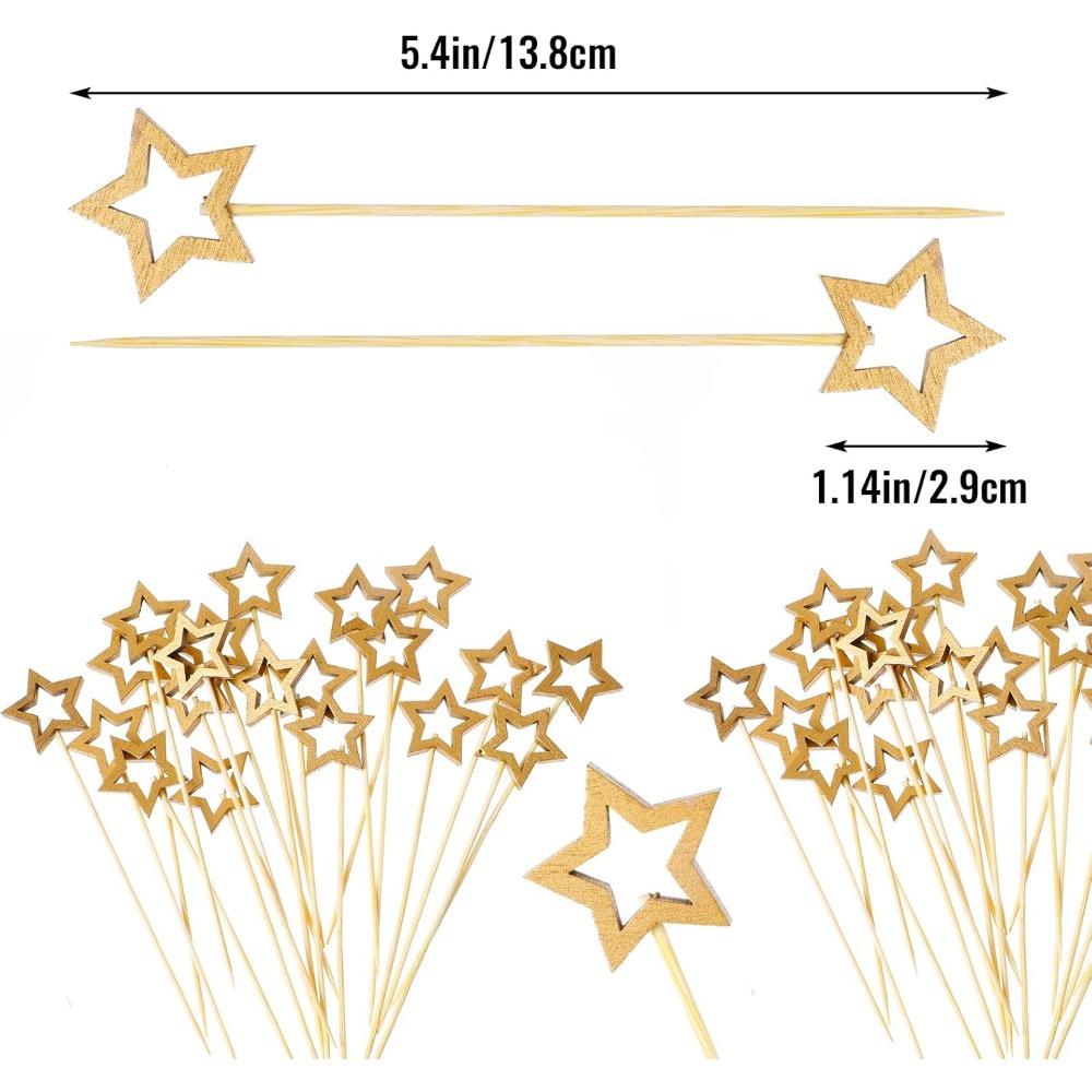 50pcs Golden Silver Hollow Star Bamboo Skewers Buffet Fruit Food Picks Cocktail Sticks Christmas Party Birthday Wedding Decor