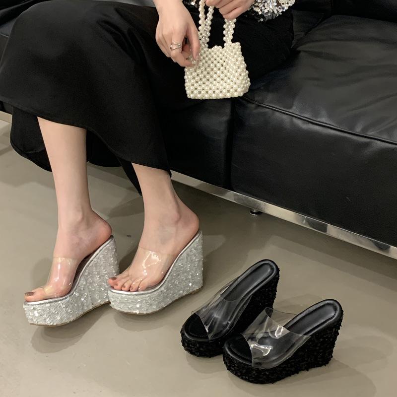Fashion Sequined Wedge Slippers Super High Heels Transparent One-word Wear Fish Mouth Open-toed Sandals Women's Shoes