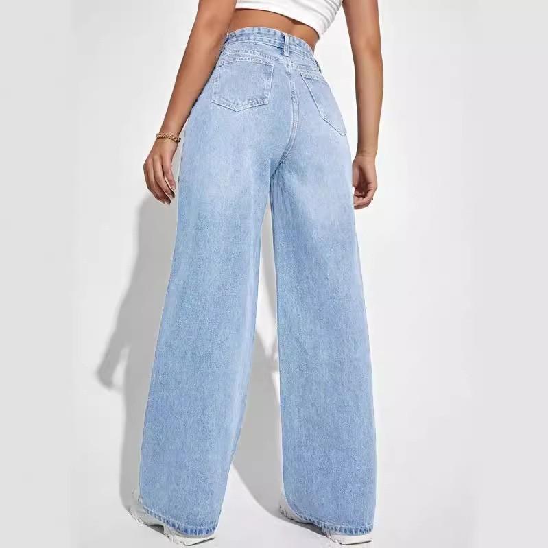 Fashion High Waist Straight Jeans Women Autumn Blue Casual Loose Wide Leg Jeans Trousers Striped Palazzo Pants
