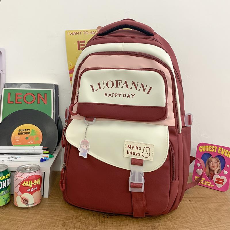 School Bag Girls High School Students High Quality Fashion Burgundy Junior High School Students Multi-layer Elementary School Students Backpack