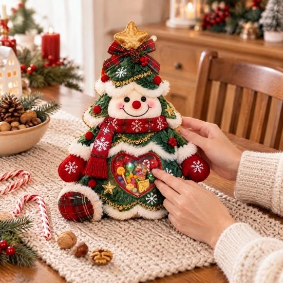 Cute Christmas Table Centerpiece Refillable Snowman Treat Holder, Plush Sitting Figure Candy Jar with Clear Heart Soft Decoration Window, 3D