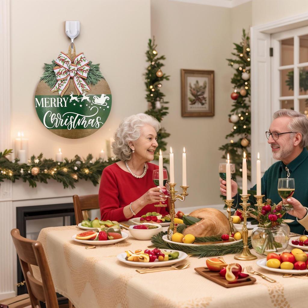 Christmas Door Signs Wooden Front Door Signs Craft With Bow And Fake Plant Reindeer Pattern For Living Room Party Yard