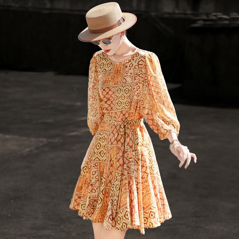 Lanseer Elegant Chiffon Printed Waist-Tie Short Dress