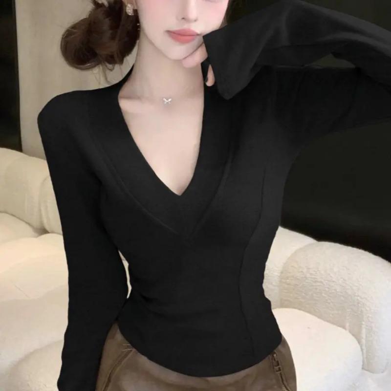 

Большая рубашка с V-образным вырезом на осень и зиму с начесом для женщин, с рукавами-колокольчиками и облегающим внутренним топом в стиле чистой страсти S чёрный
