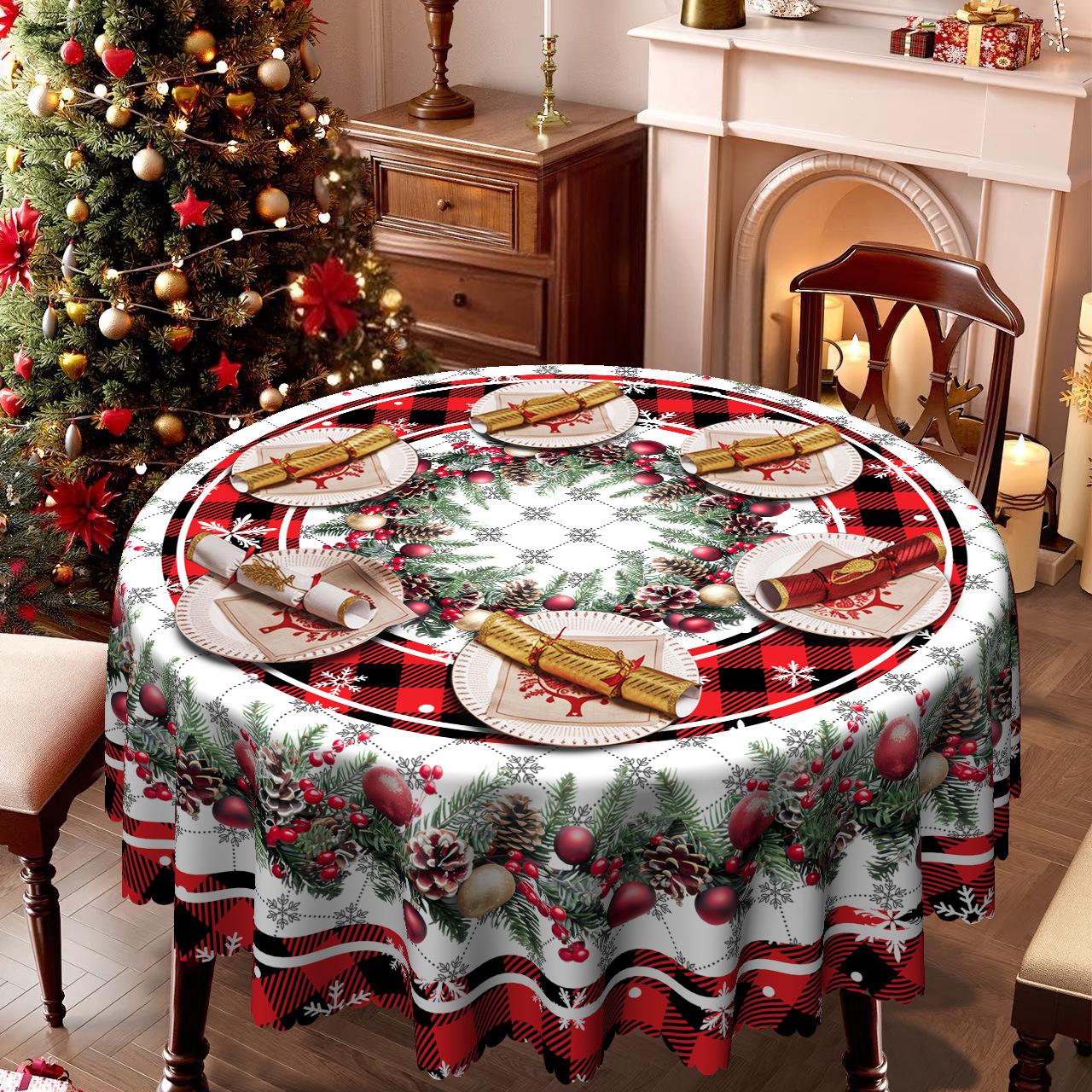 

Christmas Red And Black Plaid Tablecloth, Snowflake Berry Pine Cone Print, Restaurant Coffee Table Party Decorative Cloth Round tablecloth-152x152cm