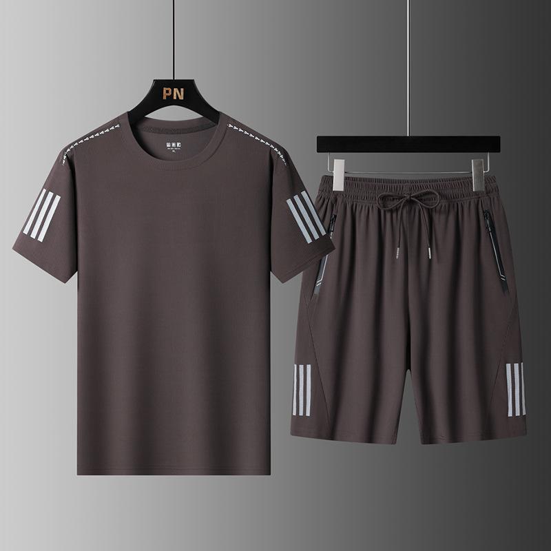 Summer Three Bars Men's Ice Silk Round Neck Short Sleeved Shorts Set Quick Drying Sports Running Set Men's