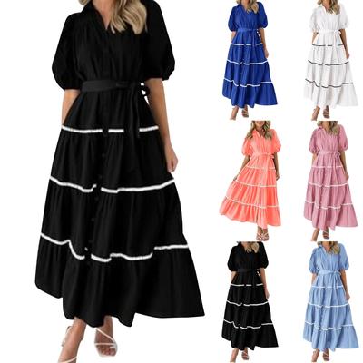 Women's Fashionable Solid Color Striped Bubble Sleeve Dress