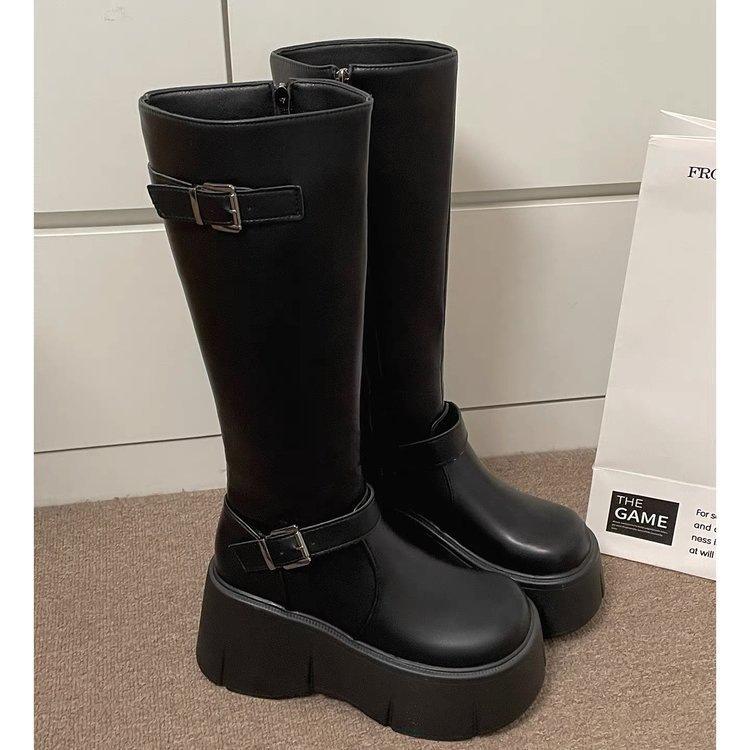 New French black platform boots autumn retro small fat mm thin and heightened knight boots 35 чёрный
