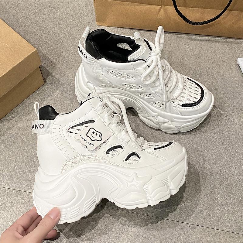 Fashion New 2025 Chunky Leather Sneakers Summer Lace-up Casual Vulcanized Shoes Woman High Platform Breathable Mesh Sport Dad Shoes 10CM