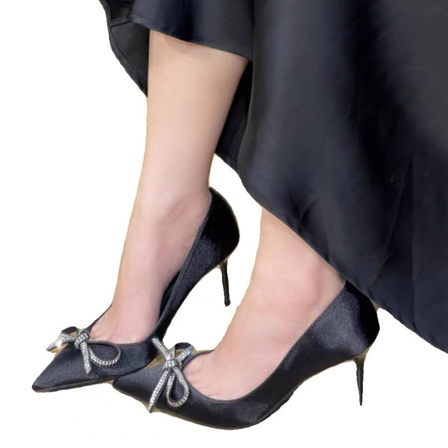 2025 Spring and Autumn New Rhinestone Bow Thin Medium High Heel Shallow Mouth Single Shoes Celebrity Temperament Sexy Niche Single Shoes