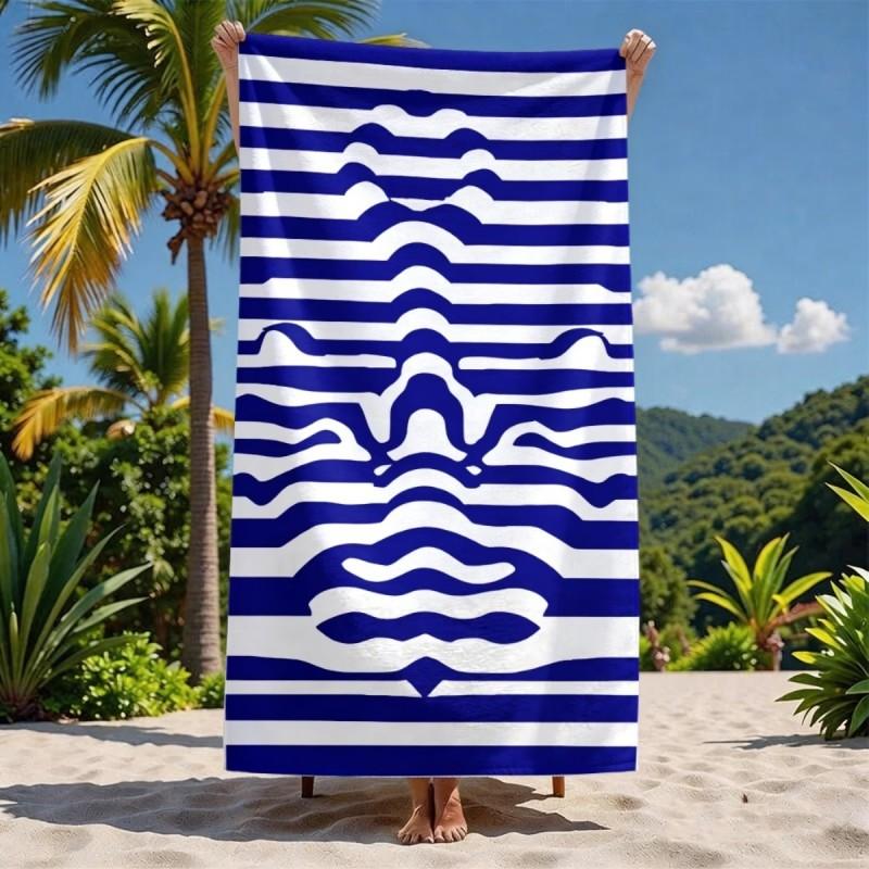 Large Abstract Striped Face Beach Towel Nautical Blue White Microfiber Towel for Beach Trips and Summer Days 50x100cm