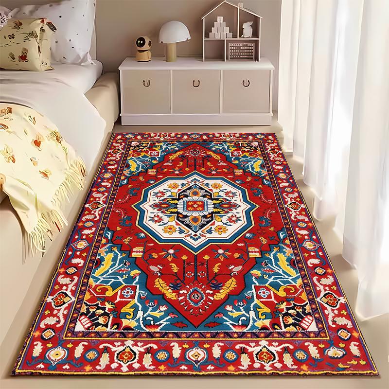 Colorful Geometric Floral Pattern Carpet, Red and Blue Oriental Style Suitable for use as an anti-slip for living room bedroom sofas