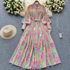 Women's Chiffon Print Dress: Stand Collar, Long Sleeve, Tie-Waist, Perfect for Spring & Autumn Vacations