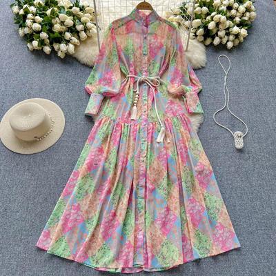 Women's Chiffon Print Dress: Stand Collar, Long Sleeve, Tie-Waist, Perfect for Spring & Autumn Vacations