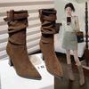 Fashion Pleated Medium Tube Stiff Heel Heap Boots Women's Autumn Belt Buckle Suede Pointed High Heel Short Boots