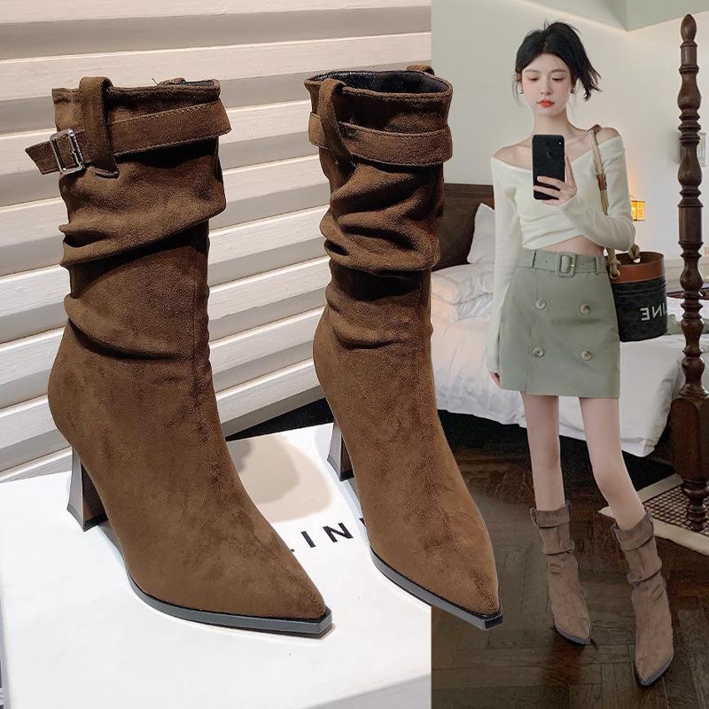 Fashion pleated medium tube stiff heel heap boots women's autumn belt buckle suede pointed high heel short boots