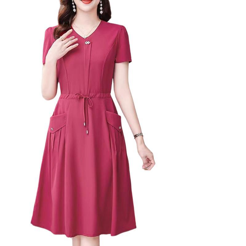 Women s Summer V-Neck Mulberry Silk A-line Dress – Waist-Cinching, Slimming, Solid Color XL (90-105 kg) красный