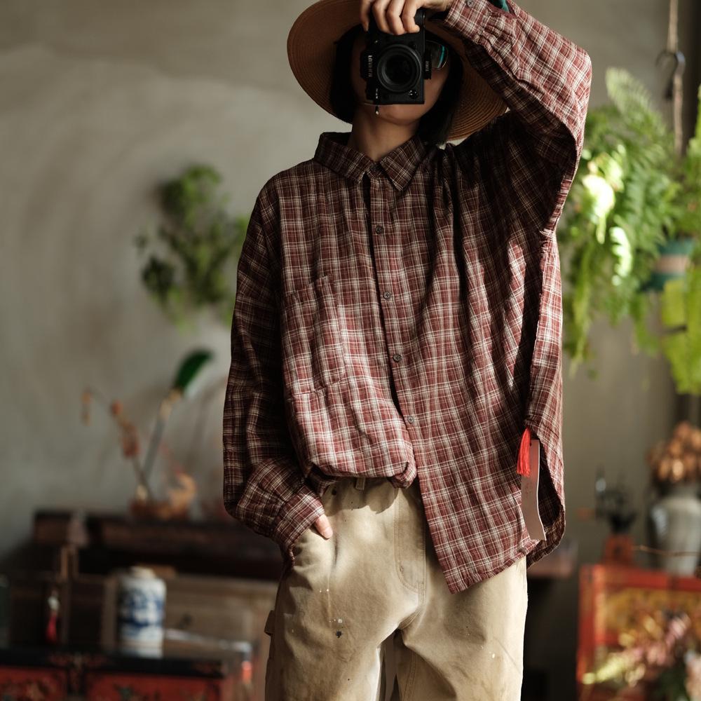Women's Retro Plaid Long Sleeve Sun Protection Shirt - Coffee