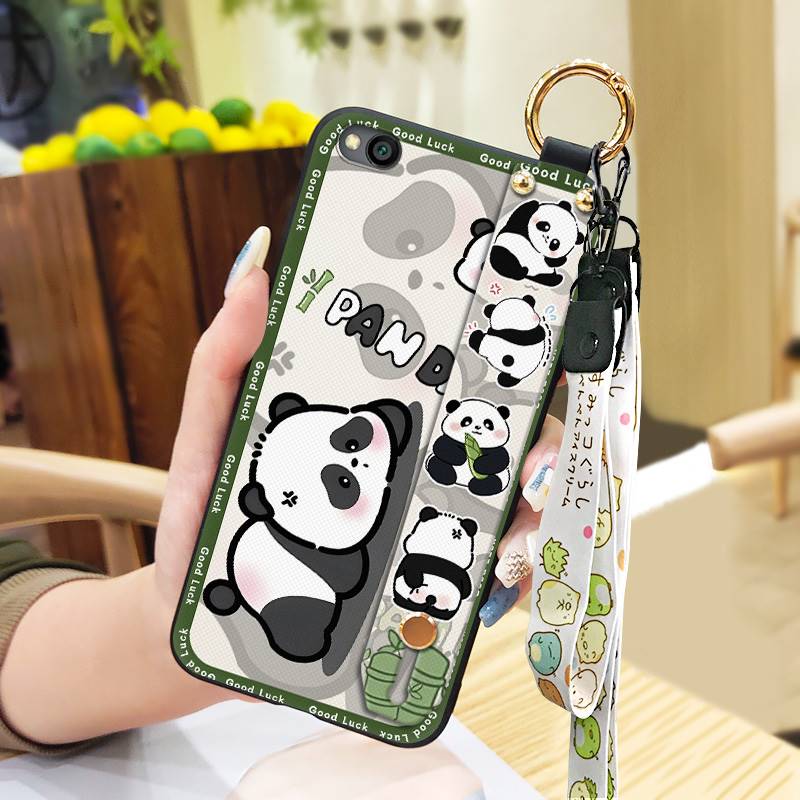 Durable Panda Phone Case For Xiaomi Redmi GO Anti-dust Cute Anti-knock Protective Lanyard Wristband Cartoon Phone Holder