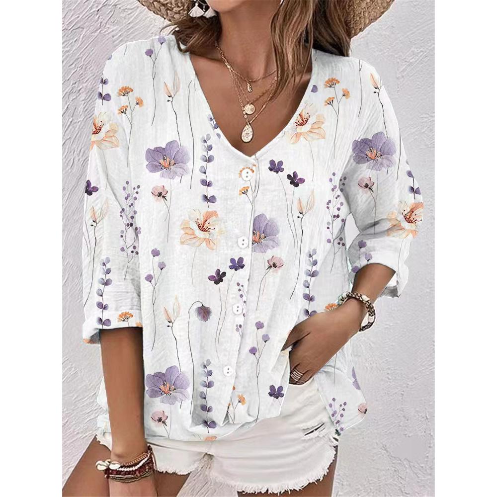 Fashion Women's Spring and Autumn Shirt Long-sleeved V-neck Loose Casual Printed Cardigan Long-sleeved Top