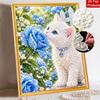 Creative Pearl Art on Stretched Frame Cute White Cat and Blue Rose Pattern DIY Sparkling Bead Canvas Relaxing Handmade Craft Gift for Kids