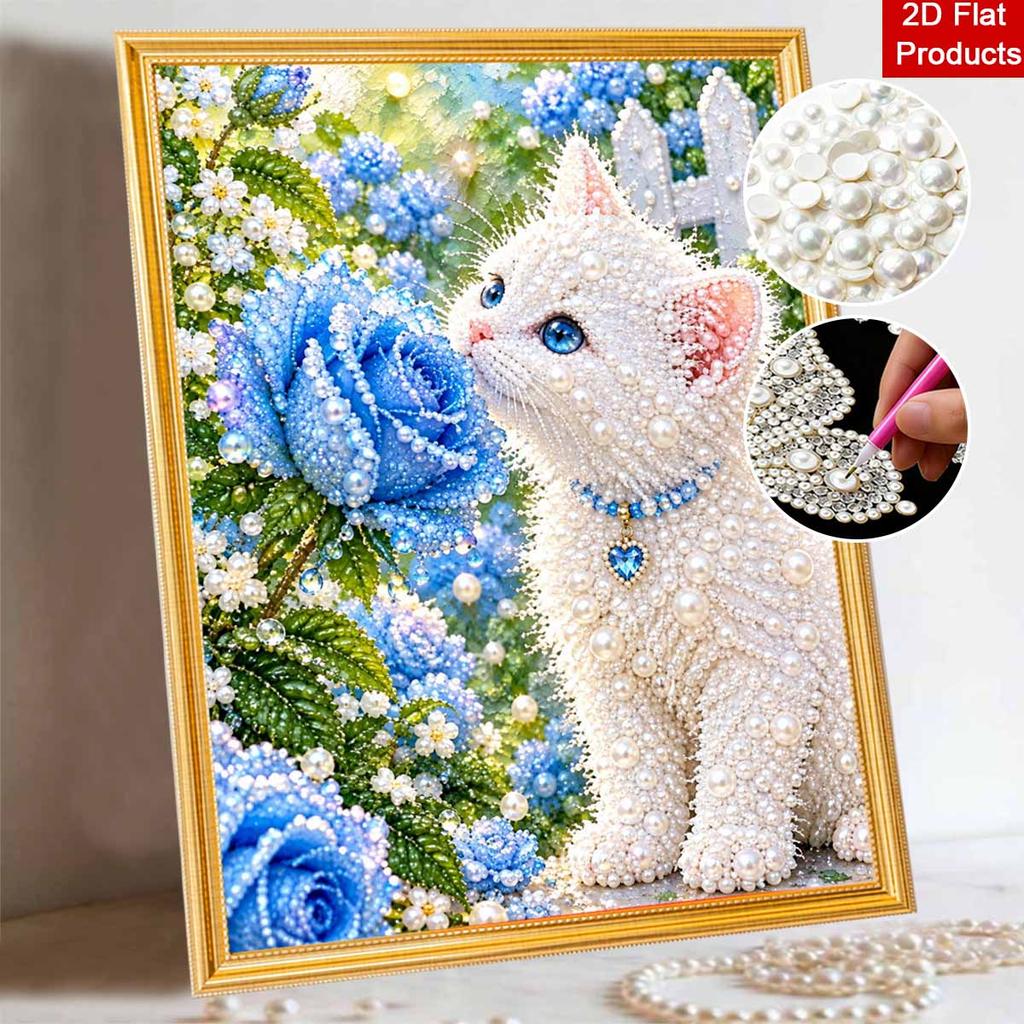 Creative Pearl Art on Stretched Frame Cute White Cat and Blue Rose Pattern DIY Sparkling Bead Canvas Relaxing Handmade Craft Gift for Kids