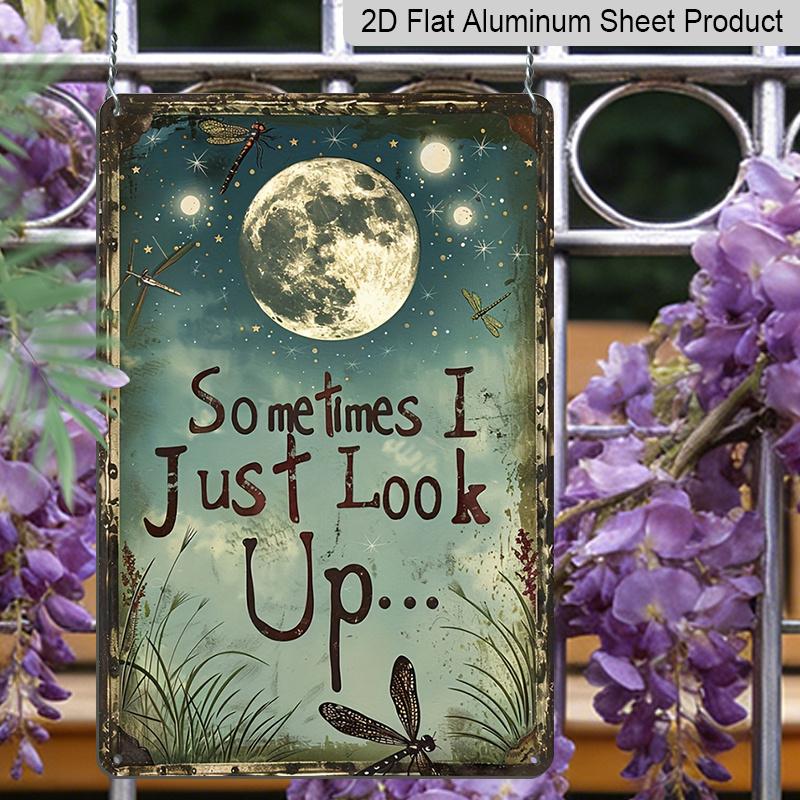 2D Flat Vintage Aluminum Dragonfly & Moon Sign with "Sometimes I Just Look Up" Quote - Rustic Farmhouse Wall Decor - Dark Blue Night Sky