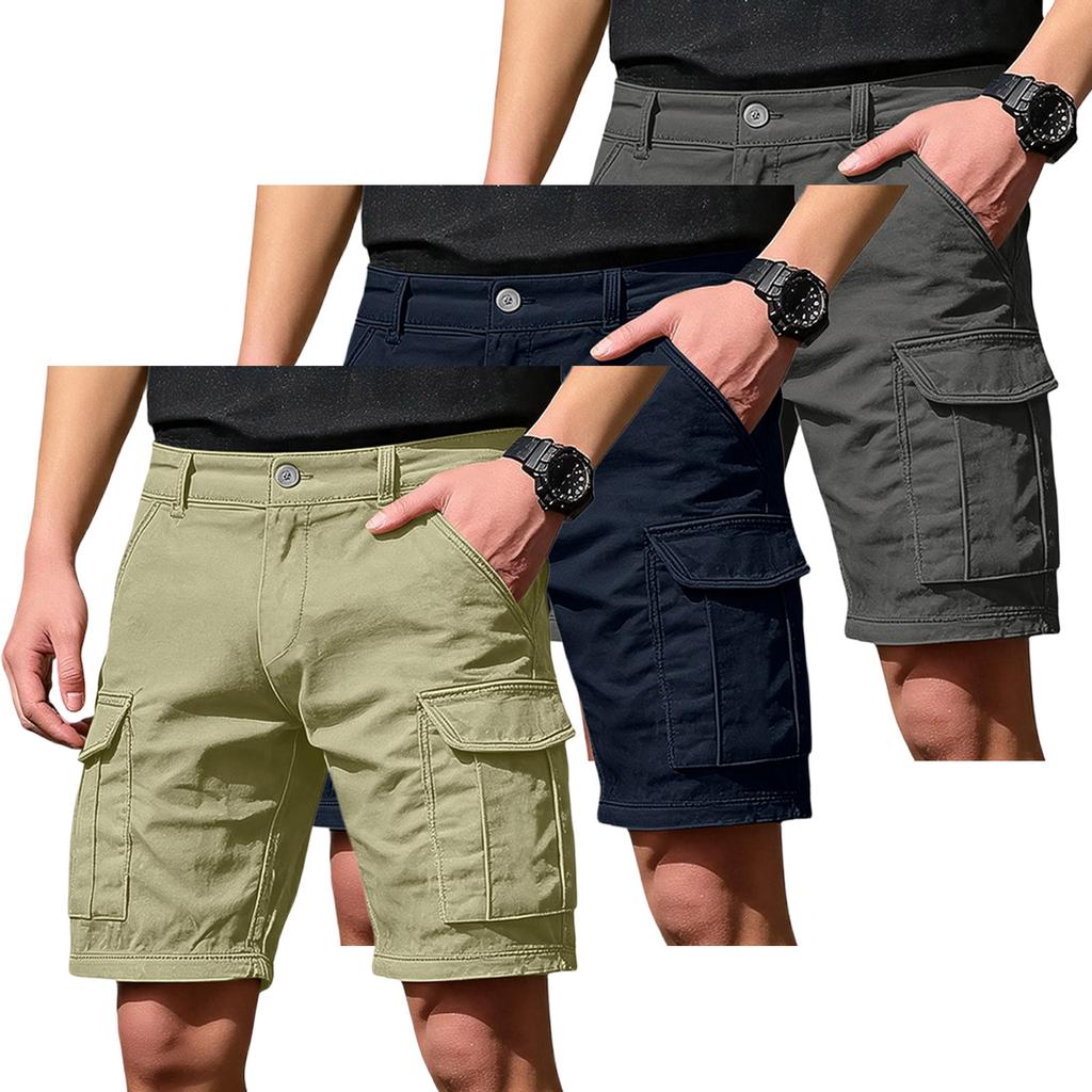 Men's Cargo Shorts 3-Pack with 6 Pockets, Button and Elastic Waist