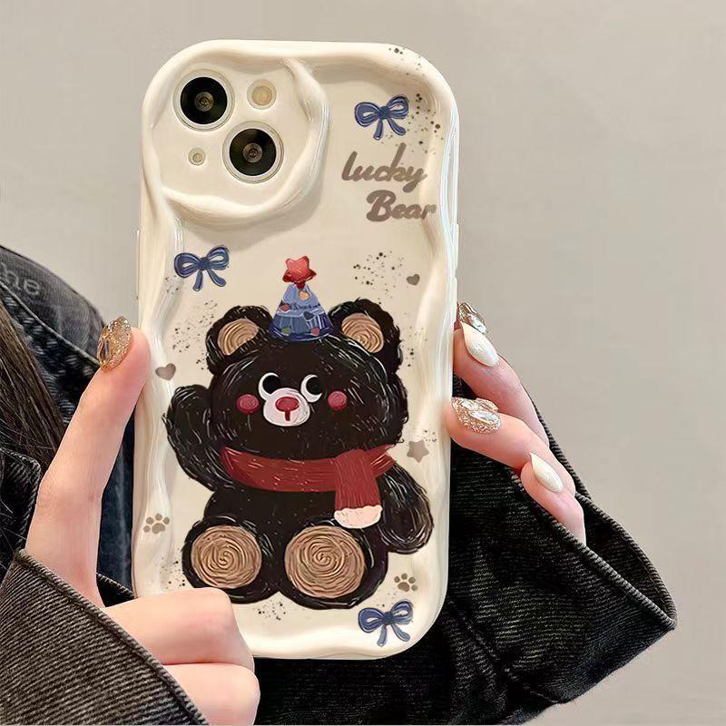 Fun graffiti bear for iPhone15 Pro mobile phone case Apple 14 cream wave 12/13 soft case 11
